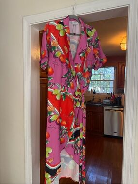 Never Fully Dressed Pink and Red Citrus Wrap Midi Dress